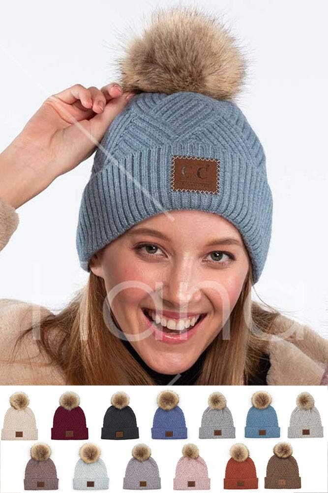 ScarvesMe Exclusive Heather Suede Patch in Diagonal Stripes Criss Cross Beanie Hat with Cuff and Pom