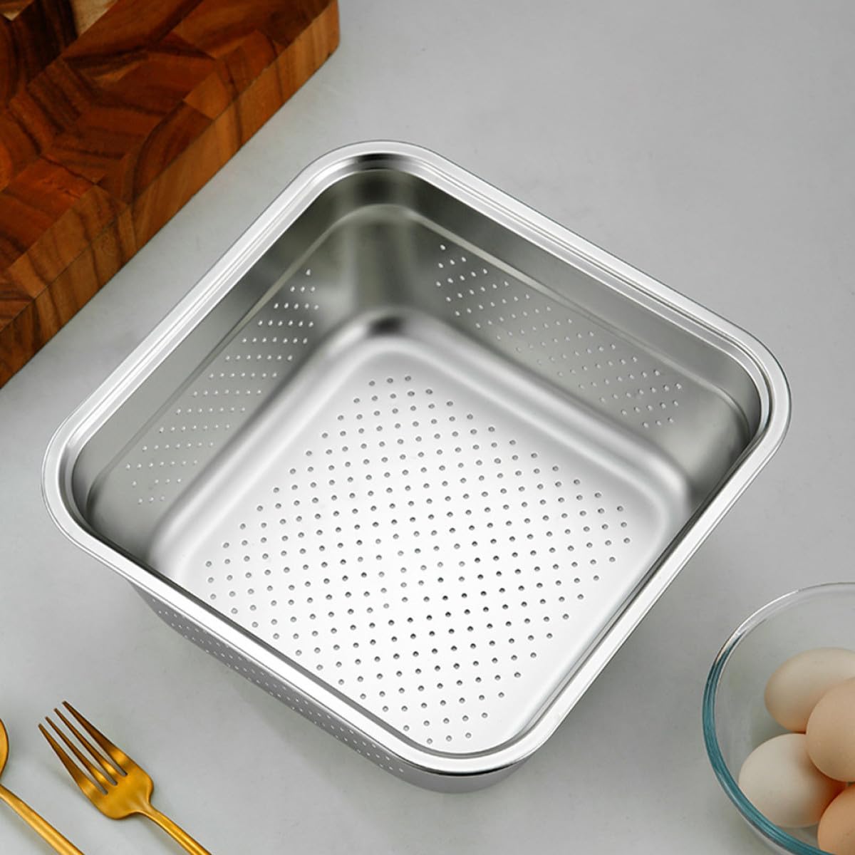 Colador de Acero Inoxidable de Gran Capacidad Forma Cuadrada, Resistente y Ahorra Espacio, Adecuado para Cocinar y Lavar Verduras y Frutas Cocina