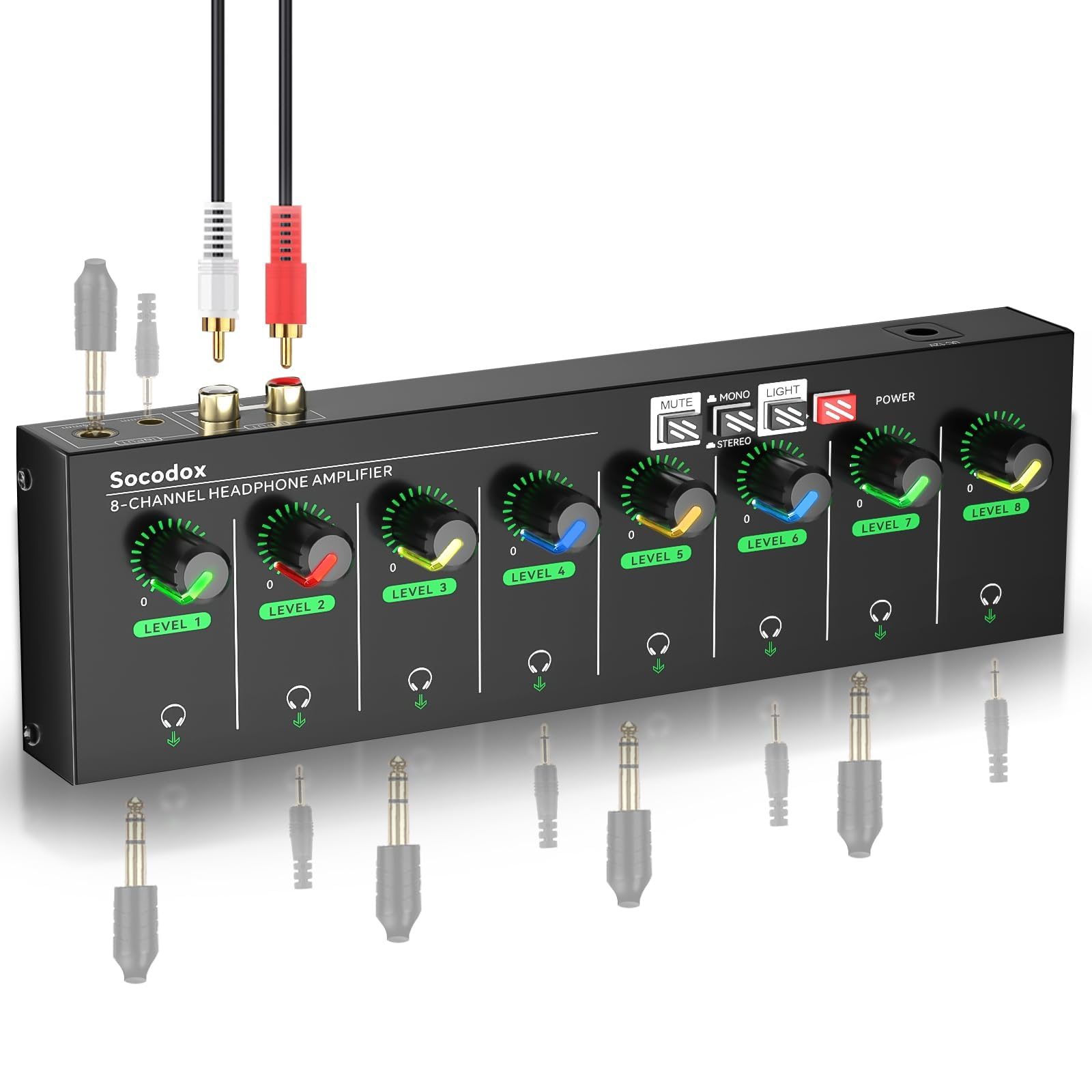 8 Channel Headphone Amplifier 3.5mm/6.35mm/RCA Jacks, Metal Headphone Splitter with 8 Headphone Output Port, Compact Headphone Amp with Stereo Switch, RGB Light.