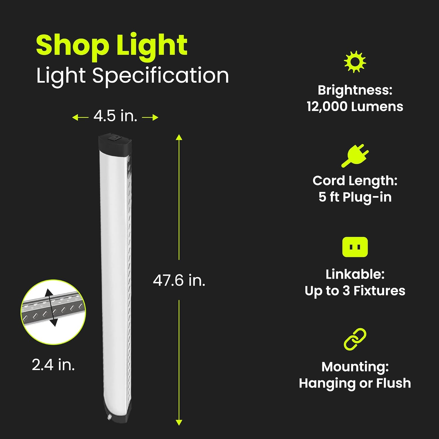 Feit Electric 4ft LED Shop Light, 5000K Daylight, Linkable up to 3 Units, 12000 Lumens, 120W, Hanging/Flush Mount, Ultra-Lightweight, for Garage, Workshop, 25,000 Hour Lifespan, SHOP/4/HO/850/CAN