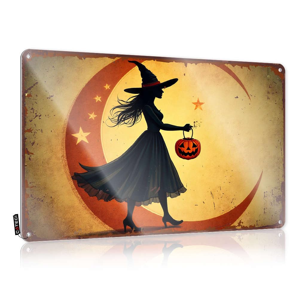 Silhouette Of A Witch With A Pumpkin Lantern Against A Full Moon Sign Statue | Sleek Private Decorative Wall Art(20X30CM)