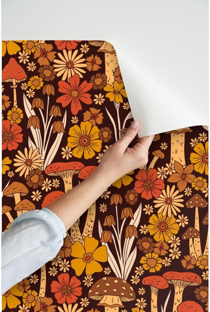 Peel & Stick Wallpaper 6ft x 2ft - Vintage Style Flower,Floral Retro,1970s Hippie,70s Mushroom,Brown Orange Custom Removable Wallpaper by Spoonflower