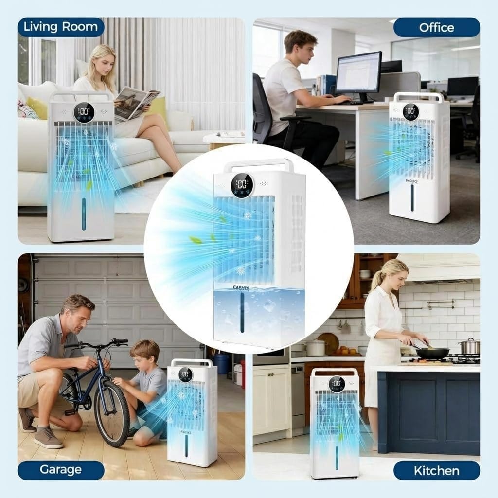 Portable 10L Evaporative Air Cooler, 6 Speeds Swamp Cooler, HEPA Odor Filter, 3-Side Pads, Auto Swing Louvers, Copper Motor, Handle