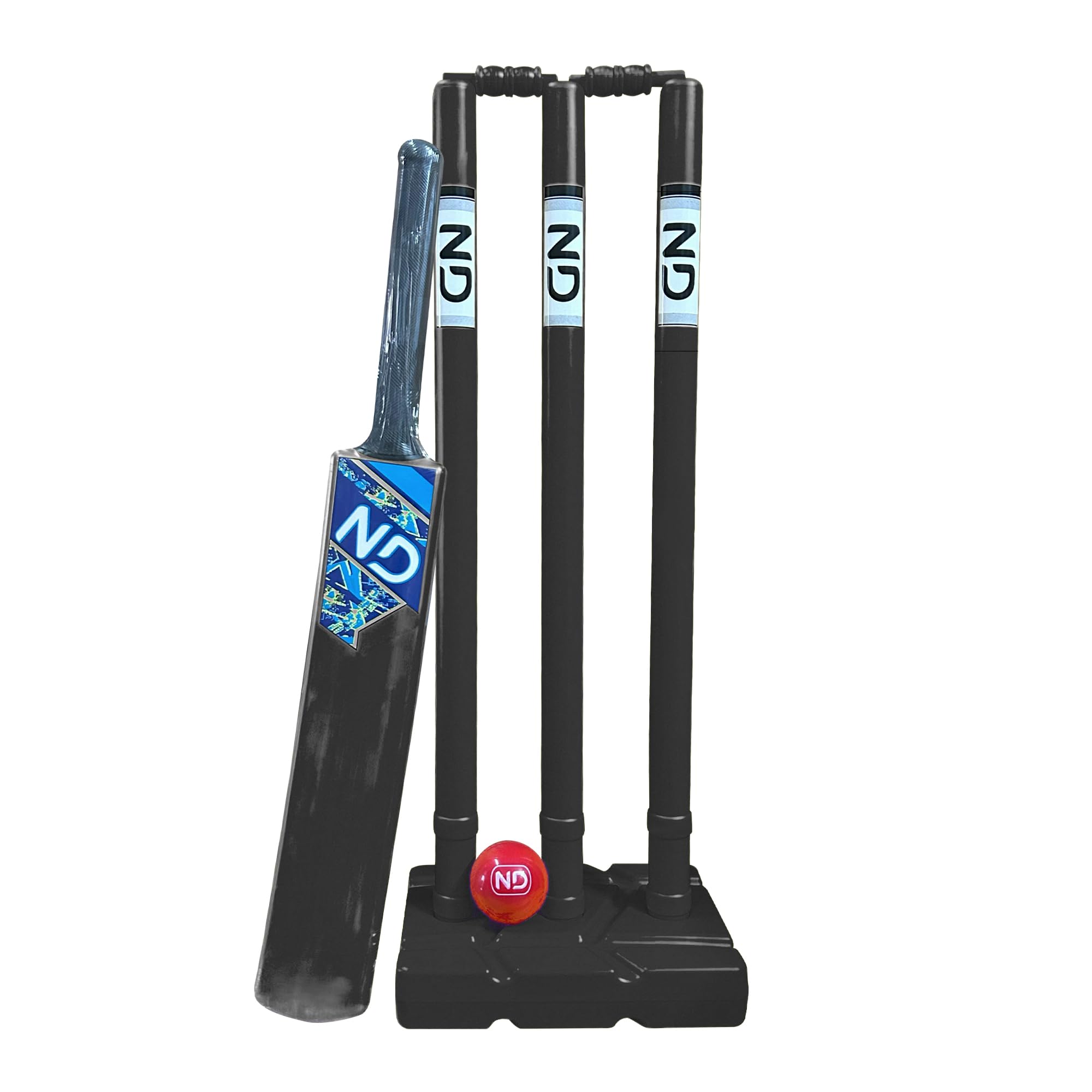 ND Sports Cricket Set โ Plastic Stumps, Bat & Ball | Lightweight, Durable & Portable | For Kids & Adults | Indoor & Outdoor Play | With Mesh Handy Carry Bag (Black, Junior (Size 5) - Pack 1)