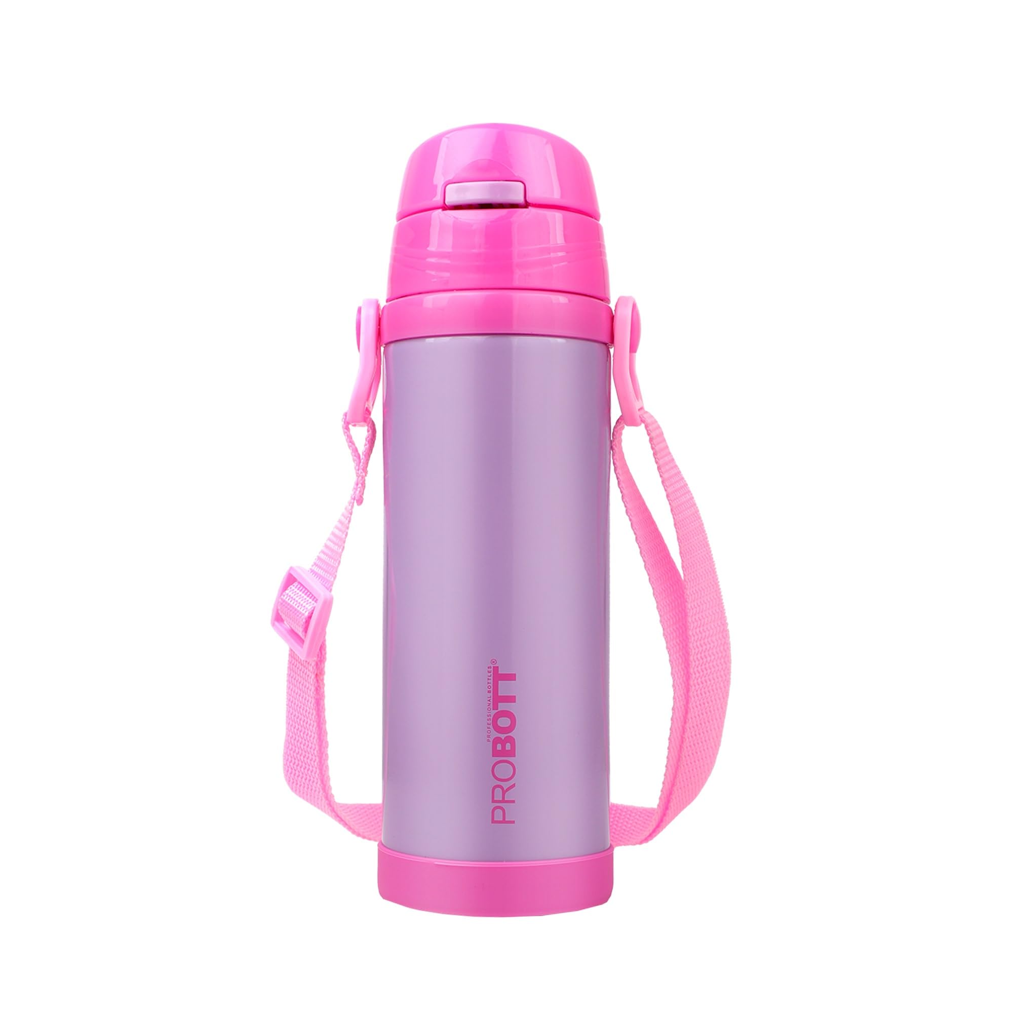 Probott Tom 500ml Stainless Steel Hot & Cold Water Bottle for 4-7 yrs Old Kids, Pink | Double Walled Vacuum Flask | Sipper Bottle with Straw & Strap | Perfect for Toddlers | Leakproof