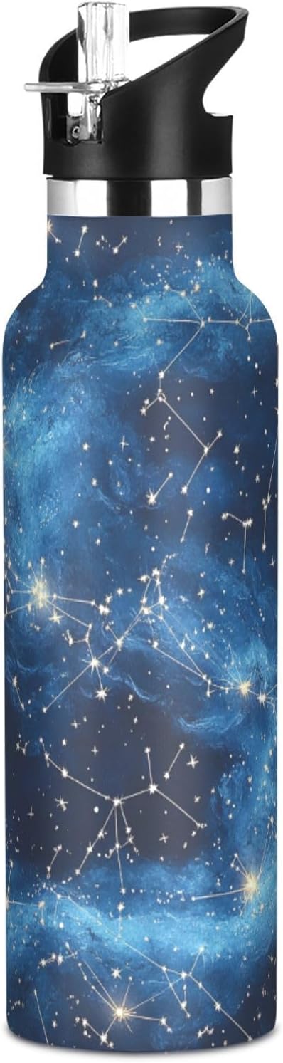 Sports Water Bottle Blue Galaxy Constellation Stainless Steel Beverage Container 20 oz Coffee Cup with Detachable Straw & Leakproof Lid for Office/Travel/Outdoor