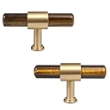 mookaitedecor Set of 2 T-Bar Crystal Drawer Pulls Handles with Screws, Brushed Brass Stone Knobs for Cabinet Kitchen Dresser, Tiger's Eye Stone