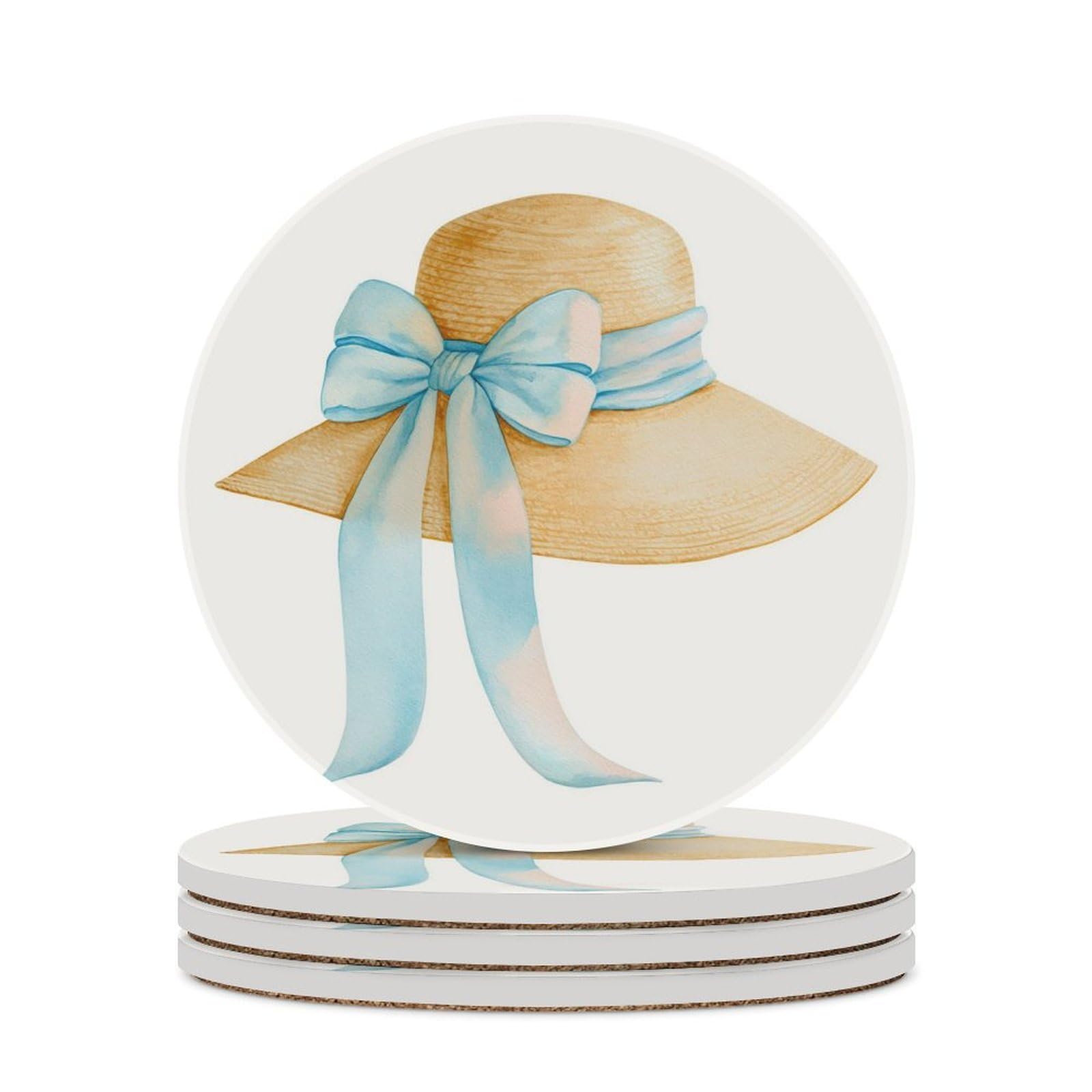 Elegant Straw Sun Hat with Soft Blue Ribbon Coasters Set of 4 Absorbent Coasters
