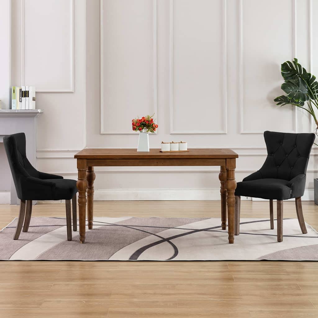 Krzesła do jadalni 2 szt. czarne materiał z tapicerowanym siedziskiem i oparciem, stelaż z drewna kauczukowego, 53 x 65 x 91 cm, ergonomiczne, nowoczesne do kuchni, salonu, jadalni