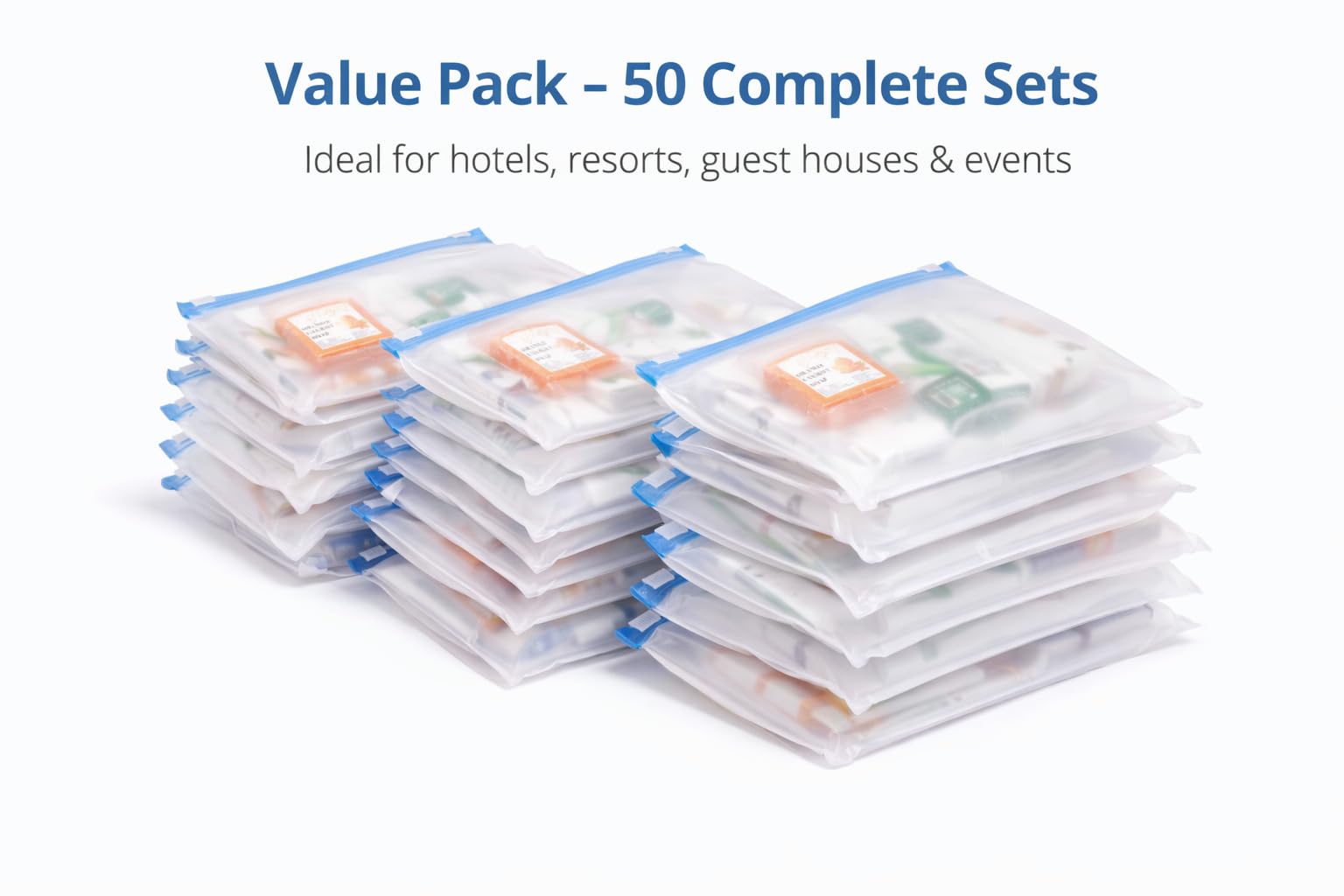 Sevenhills Toiletries 50 Sets Hospitality Guest Kit – Frosted Zipper Pouch (9" x 4.5") with Dental & Shaving Kit, Soap, Hair & Body Wash 30ml, Moisturizer 20ml, Comb – Hotel Toiletries for Guest Houses, Resorts, AIRBNB & Travel 1