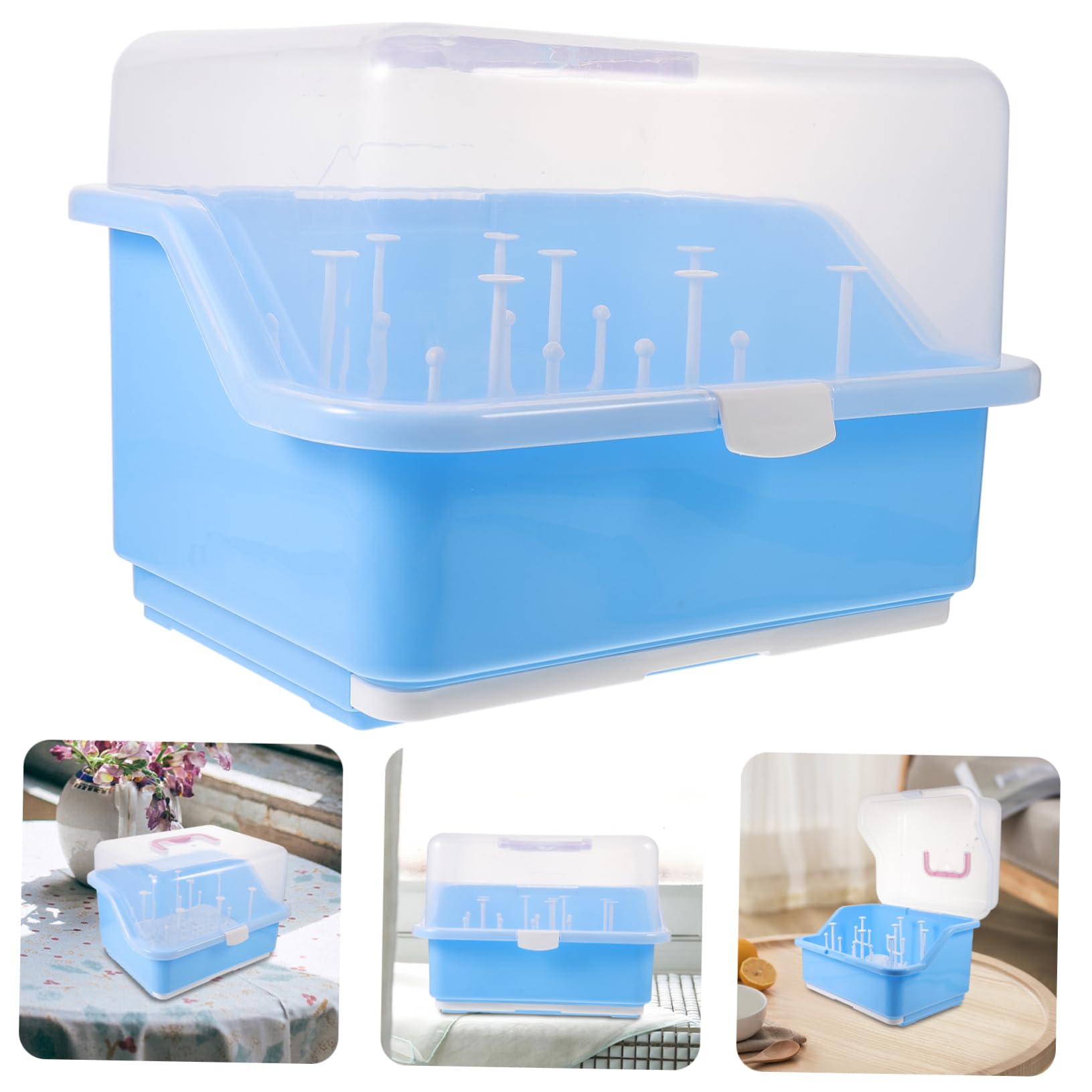 Trockenbox für Babyflaschen aus Pp mit Deckel, Blau, Tragbar | Integrierte Abtropffläche, Poröse Entwässerung, für Geschirr und Flaschen, Praktische Aufbewahrungslösung Zufällige Farbe