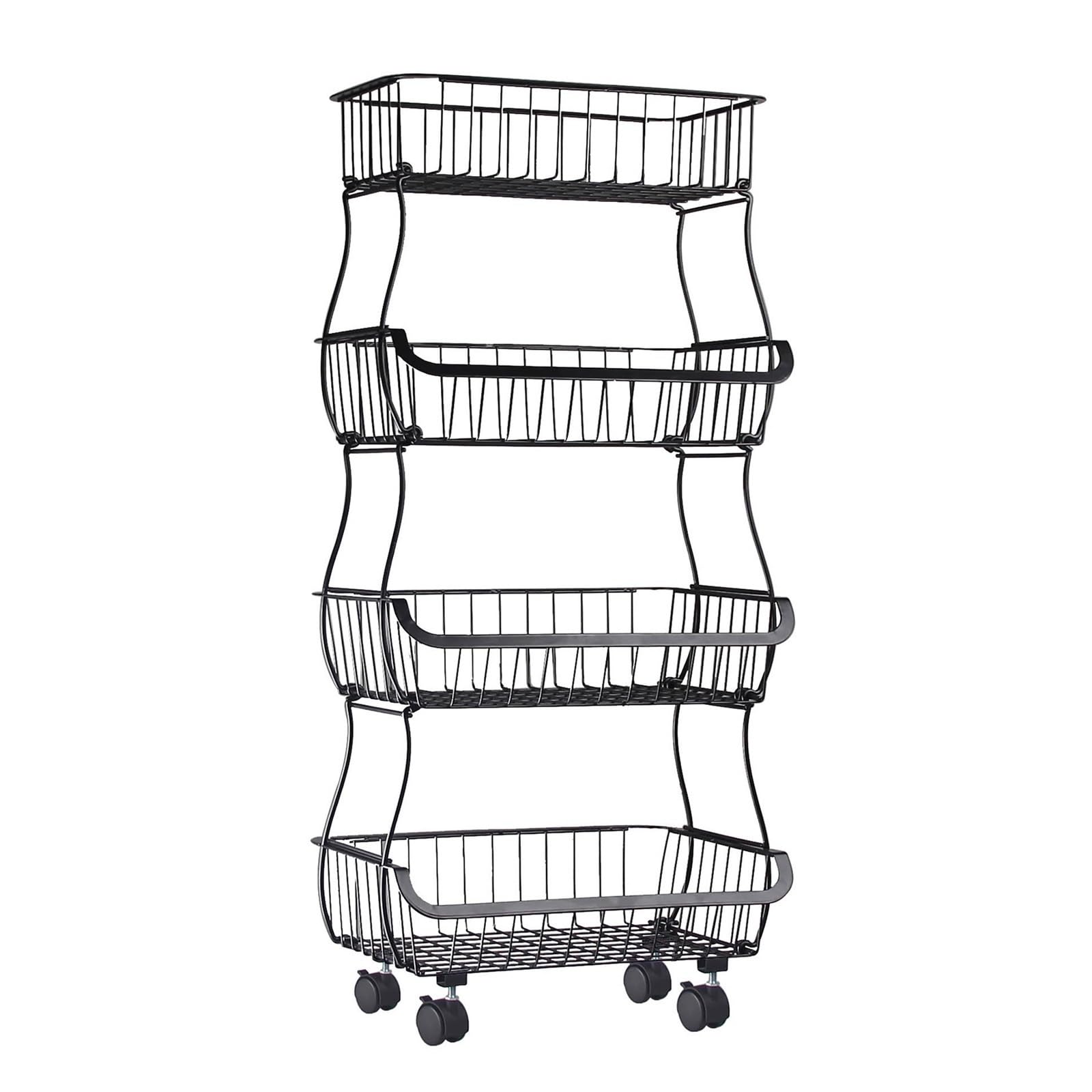 METTEOR Snack Storage Rack,4 Tier Fruit Vegetable Produce Storage Rack, Stackable Metal Wire Basket Cart with Rolling Wheels, Onion Organizer for Kitchen Pantry Bathroom (Black 41 * 30 * 92cm)