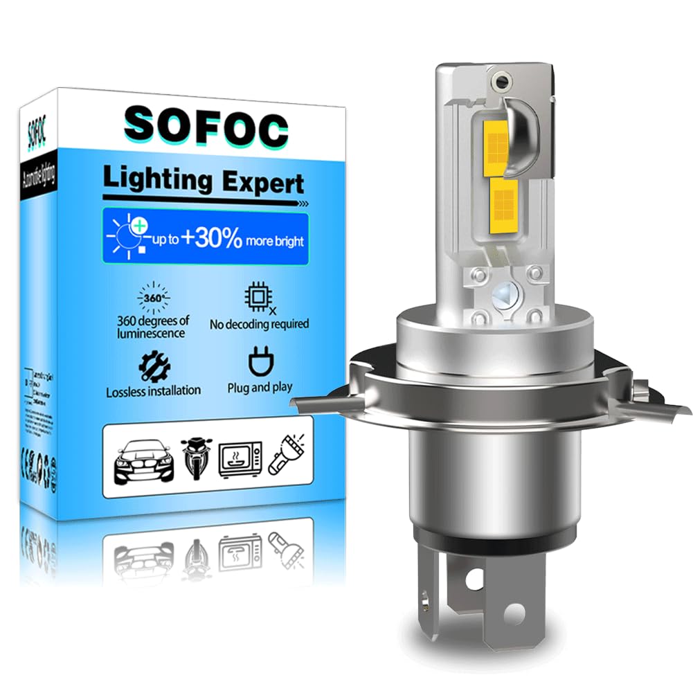 SOFOC H4 Bombilla 9003/HB2 Led 500% Más Brillante Que Las Halógenas Faros Antiniebla Para Motocicletas/Automóviles Amarillo DC 12V-18V 60W 4000 Lm P43T Diseño De Haz Alto Y Bajo 1Pcs