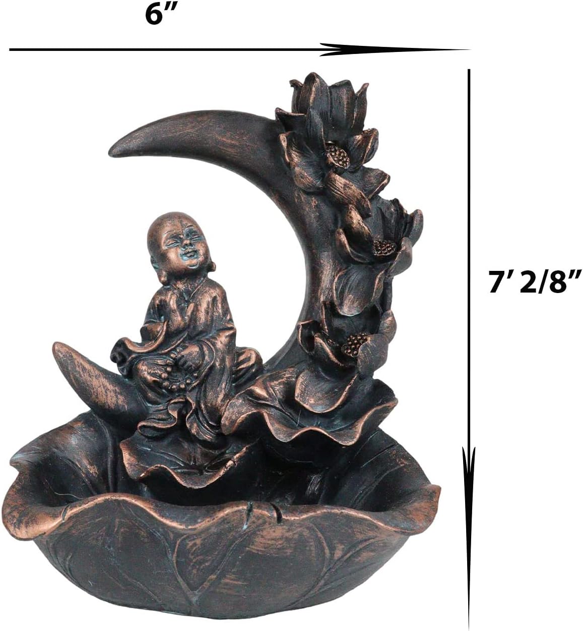 Ebros Gift Eastern Enlightenment Buddha Monk Meditating On Crescent Lotus Moon with Padme Flower Basin Backflow Incense Cone Burner Smoke Waterfall Holder Figurine Buddhism Feng Shui Zen Accent