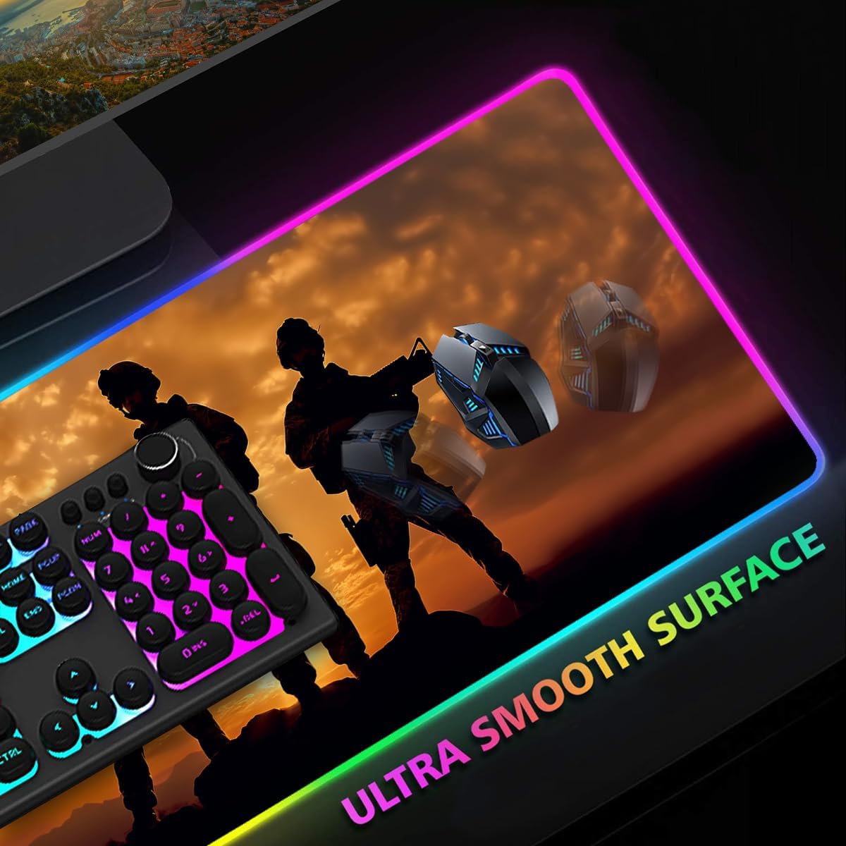 RGB Gaming Mouse Pad with Coffee Coaster, Large Glowing LED Mouse Pad, Anti-Slip Rubber Base Computer Keyboard Desk Mouse Mat 31.5 X 11.8 Inch, American Army Troops Military