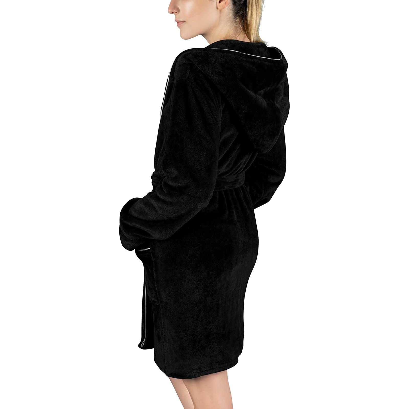 Peignoir De Bain Femme Polaire Unie Chic, Chemise De Nuit Grande Taille à Manches Longues, Robe De Chambre Capuche Court avec Poches, Chaud Et Confortable VêTements De Nuit Automne Hiver