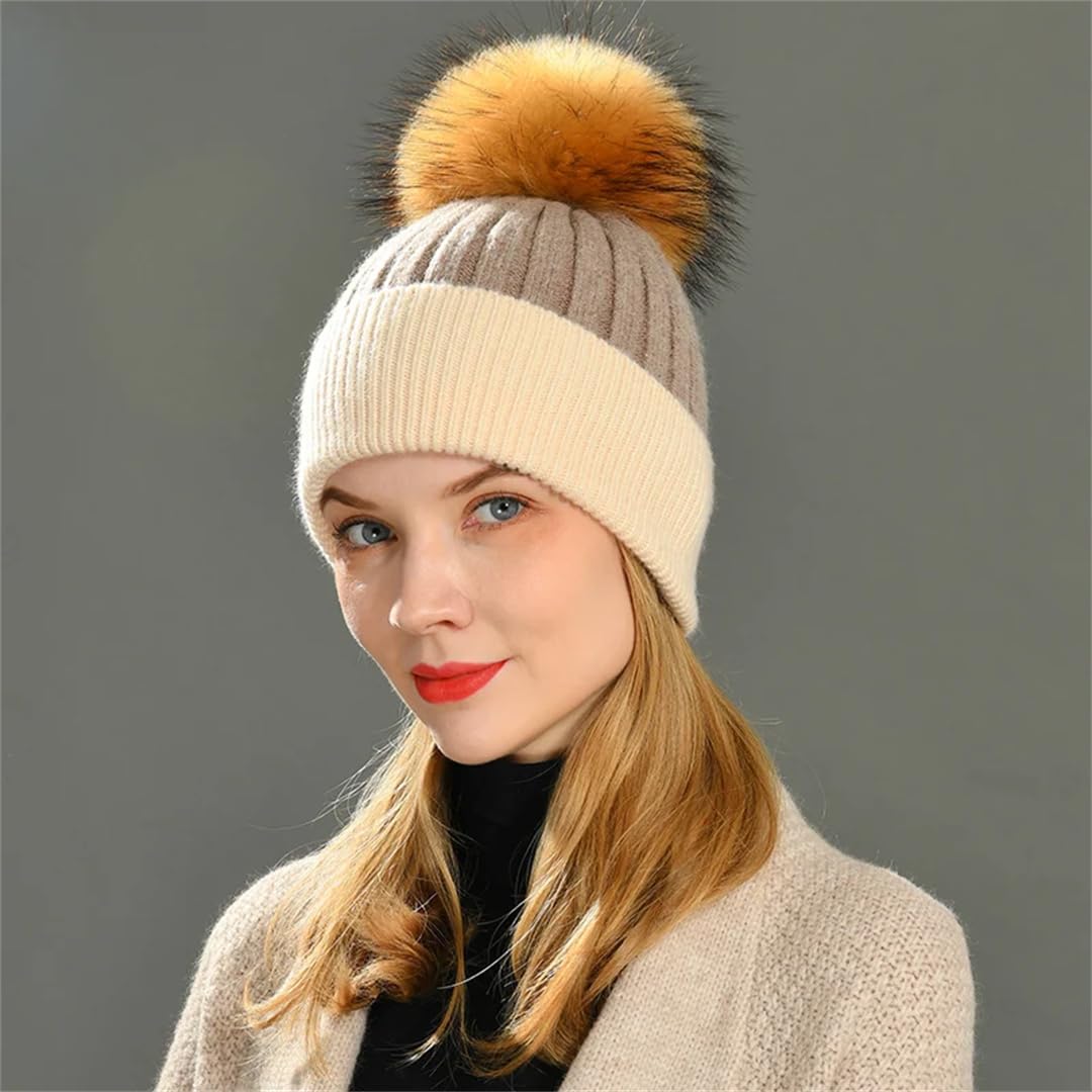 Wvapzxx Cappello Invernale Beanie Cappelli Con Pompon Di Pelliccia Donna Cashmere Lana Lavorato A Maglia Bonnet Palla Di Pelliccia Beanie Cap Grande Pompon Di Pelliccia