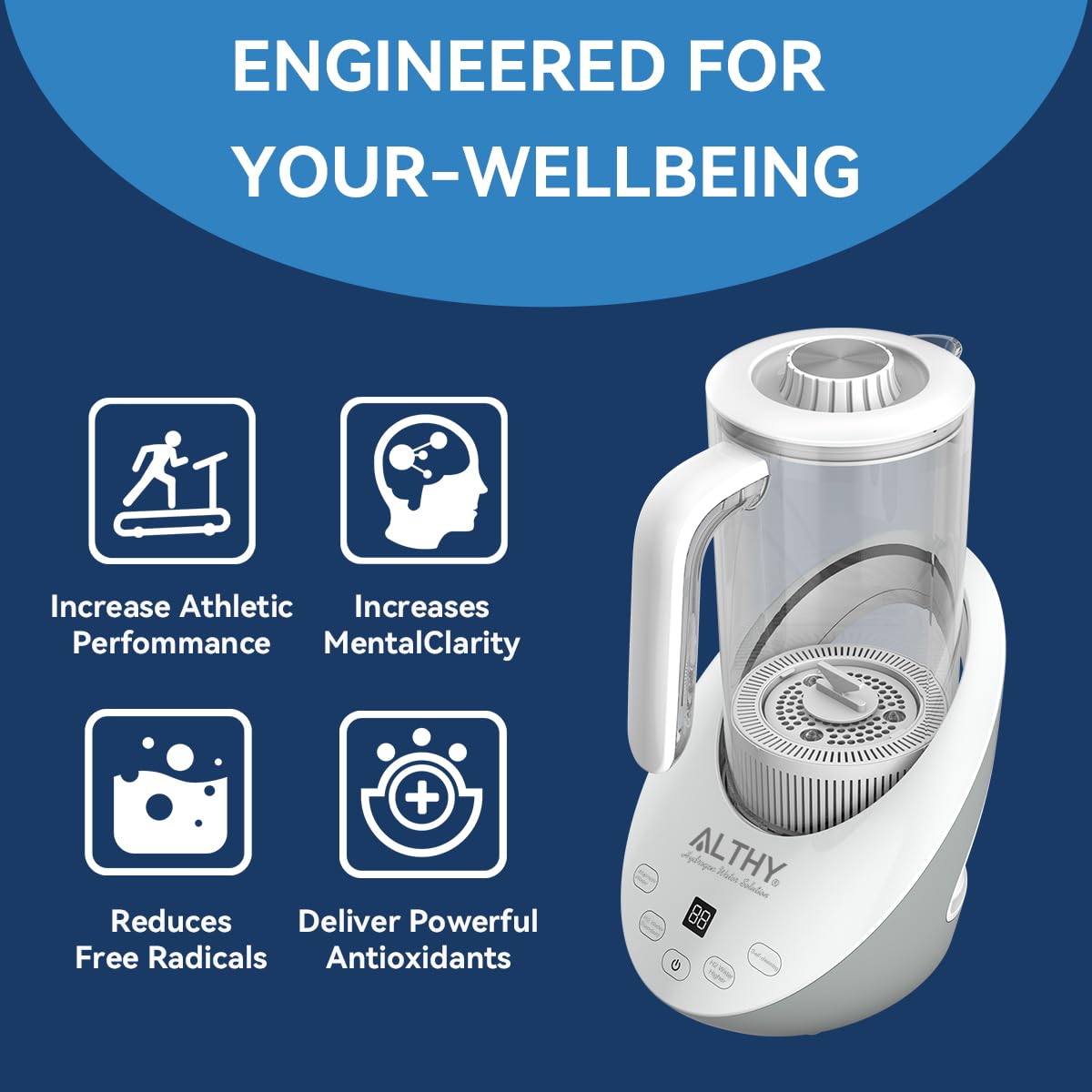 ALTHY - Jarra parar de Agua con Hidrógeno Generador | Tecnología de doble cámara con SPE & PEM | Equilibra el pH y filtra el cloro residual con sulfito de calcio | Jarrita sin BPA