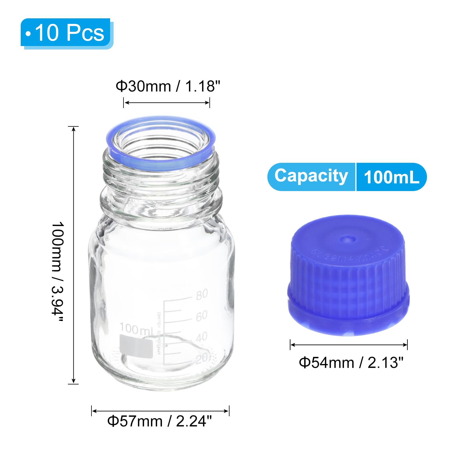 PATIKIL 10 Confezione Bottiglie Da Laboratorio Per Reagenti, 100ml Bottiglie Graduate In Vetro Borosilicato Con Tappo A Vite Blu GL32 Per Liquidi Reagenti Laboratorio, Trasparenti