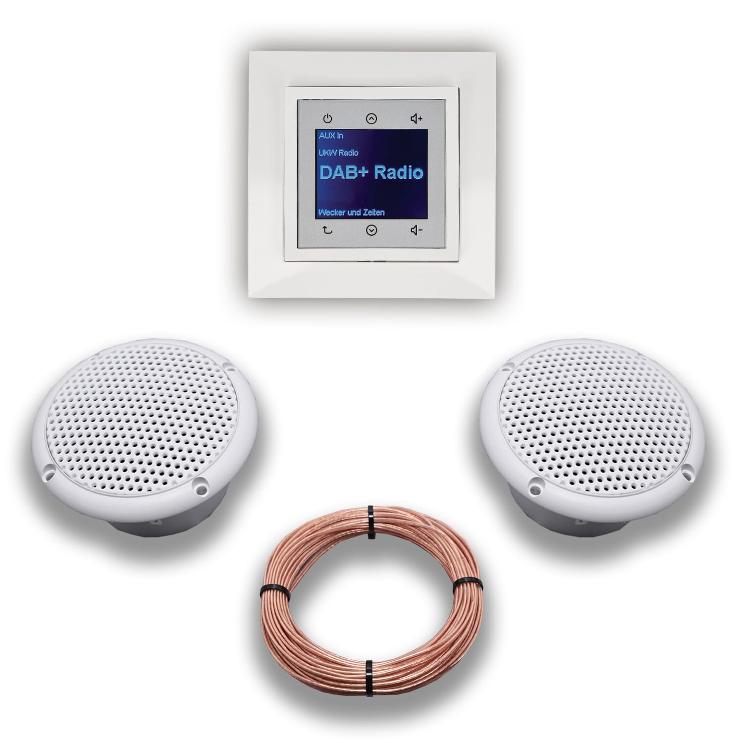 BERKER Unterputz DAB+ Radio 29848989 polarweiß glänzend mit 1fach Rahmen Berker + 2 x Feuchtraum/Badezimmer - Deckenlautsprecher Einbaulautsprecher + 20 Meter EBROM Lautsprecherkabel
