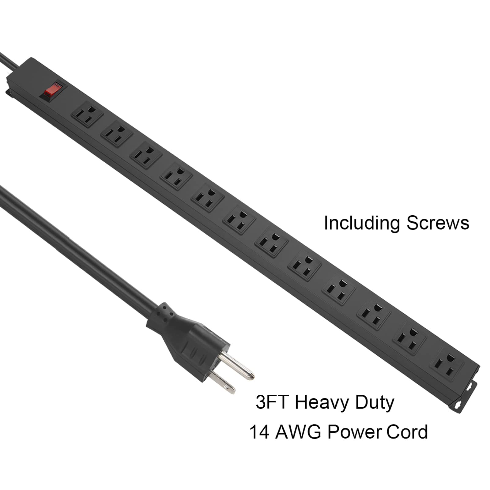 Regleta de metal para montaje en pared, toma de corriente con 12 salidas AC, toma de aleación de aluminio con interruptor, cable de alimentación SJT 3/C 14 AWG 3 pies