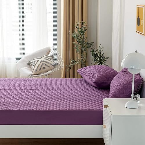 Miniatura 6 de vctops Sábana bajera acolchada impermeable, protector de colchón ultra suave, elástica, con bolsillo profundo (morado, Queen)