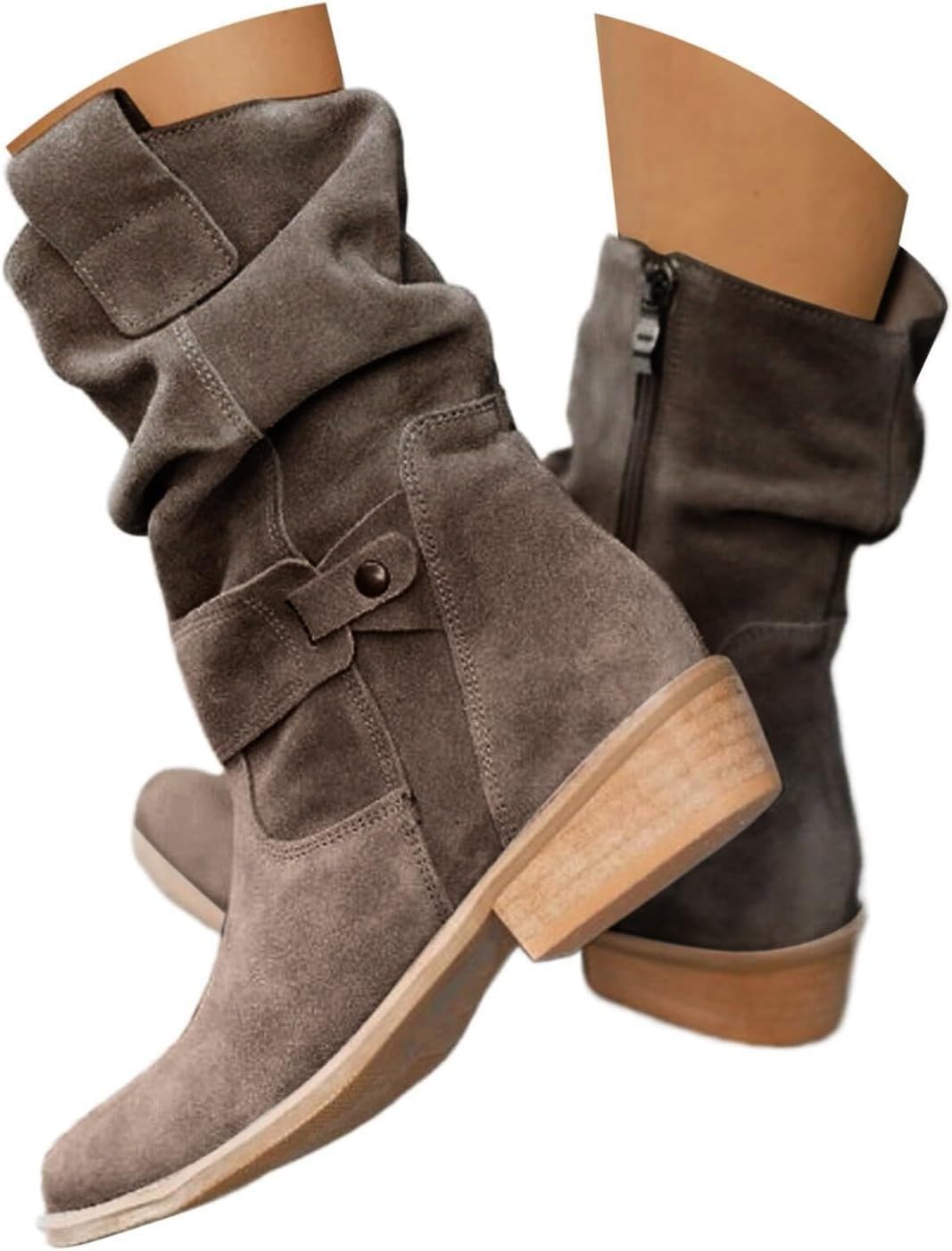 Women Mid Calf Boots Suede Low Heel Slip On Short Booties Buckle Winter Western Cowboy Zipper Pointed Toe