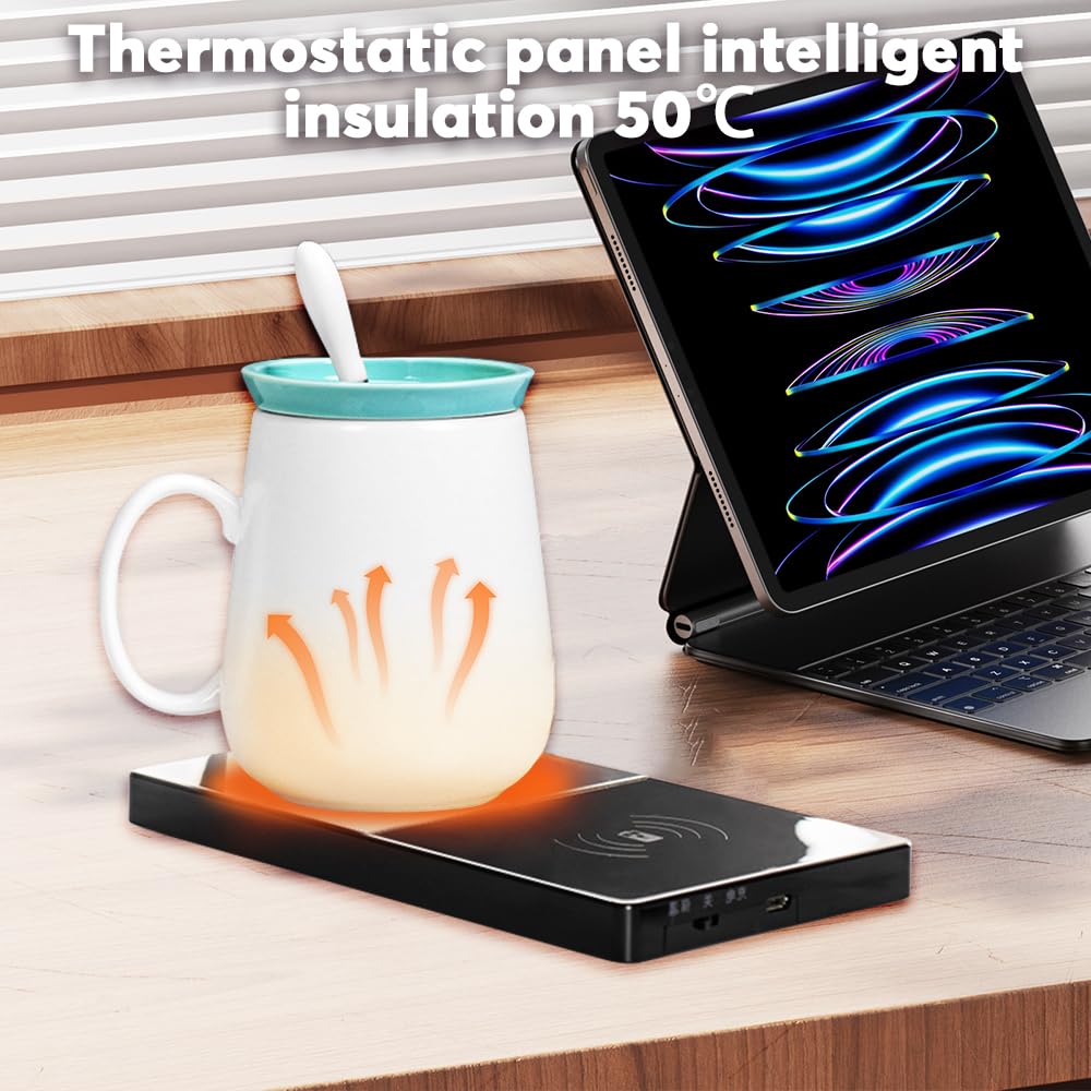 mizikuu Scaldacaffe elettrico, 2 in 1 Scalda Tazza da Caffè Elettrico con Ricarica Wireless 55 °C Scalda Bevande Riscaldatore Caffè Intelligente per tè, acqua, cacao, latte o zuppa