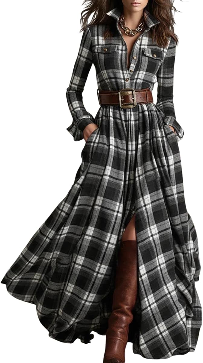Womens Plaid Long Sleeve Button Down Shirt Maxi Dress Dressy Casual A-Line Flowy Swing Belted Boho Western Retro Dress
