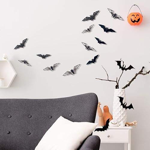 Miniatura 2 de 24 piezas de decoraciones de Halloween grandes murciélagos huecos decoración de pared 3D PVC aterrador calcomanías de murciélago para cocina,