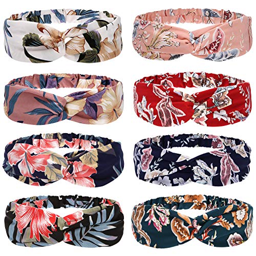 Folora 8pcs Multicolored Twisted Criss Cross Elastic Headbands Soft Chiffon Floral Bohemian Hair Bands for Women Girls