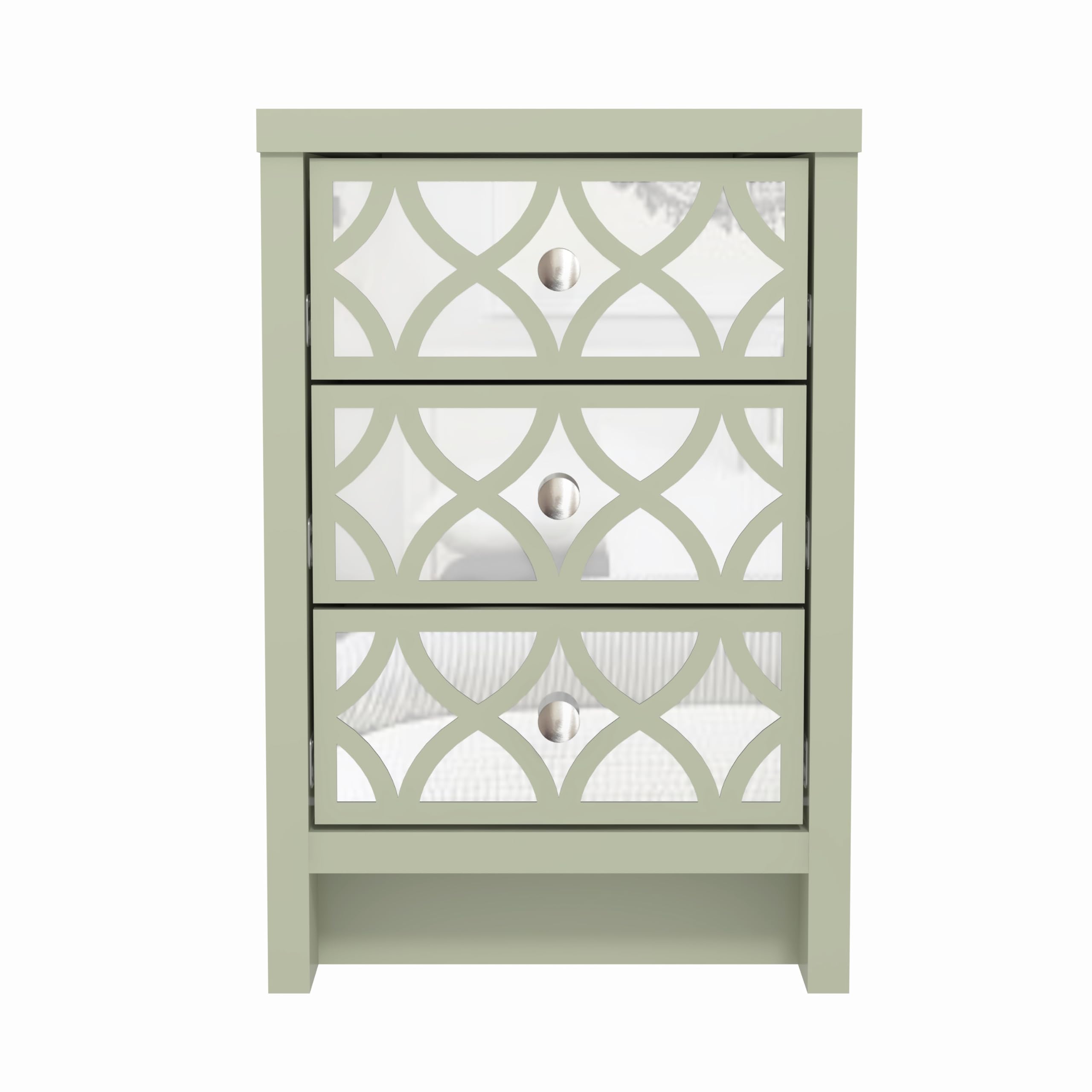GalanoIris 3 Drawer Bedside Table – Modern Storage Cabinet with Mirrored Drawers – Bedroom Organiser or Console Table for Entryway, Hallway, Living Room – Sage Green
