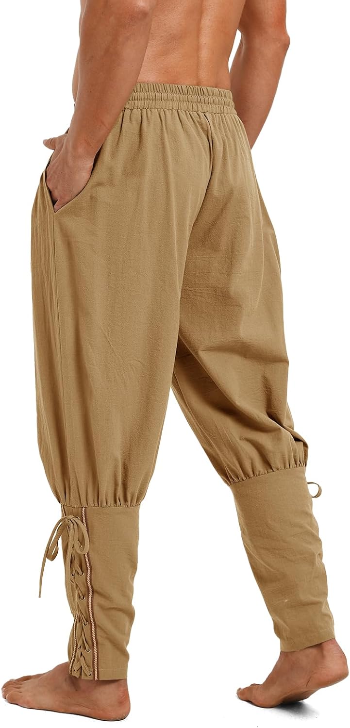 Runcati Mens Medieval Ankle Banded Pants Pirate Renaissance Viking Navigator Pants Lace Up Cotton Halloween Costume Trousers - Image 3