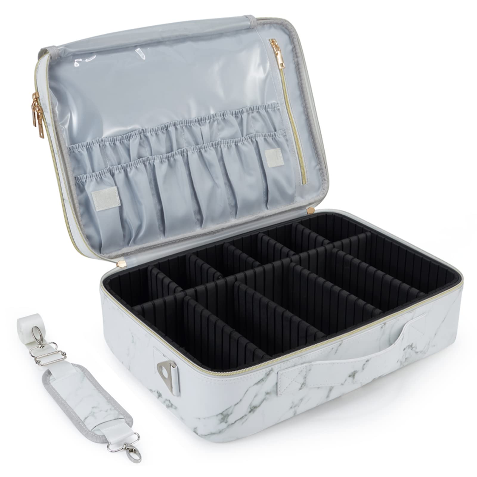 Joligrace Bolsa Maquillaje de Viaje Neceser Maquillaje PU Cosméticos Maletín Manicura Joyero y Uñas Organizador Grande Makeup Estuche Maletín Vacio con Bandolera y 2 Capas Profesional, Blanco