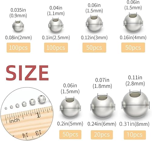 Miniatura 4 de Cuentas de plata de ley 925 para hacer joyas, 50 cuentas sueltas de plata S925, cuentas redondas lisas de plata para pulseras apilables, joyería y