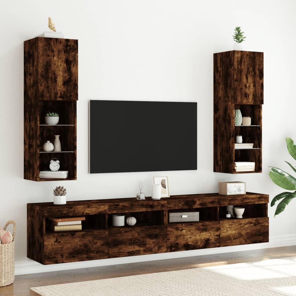 Meuble TV avec LED en chêne fumé la solution gain de place pour ranger votre salon