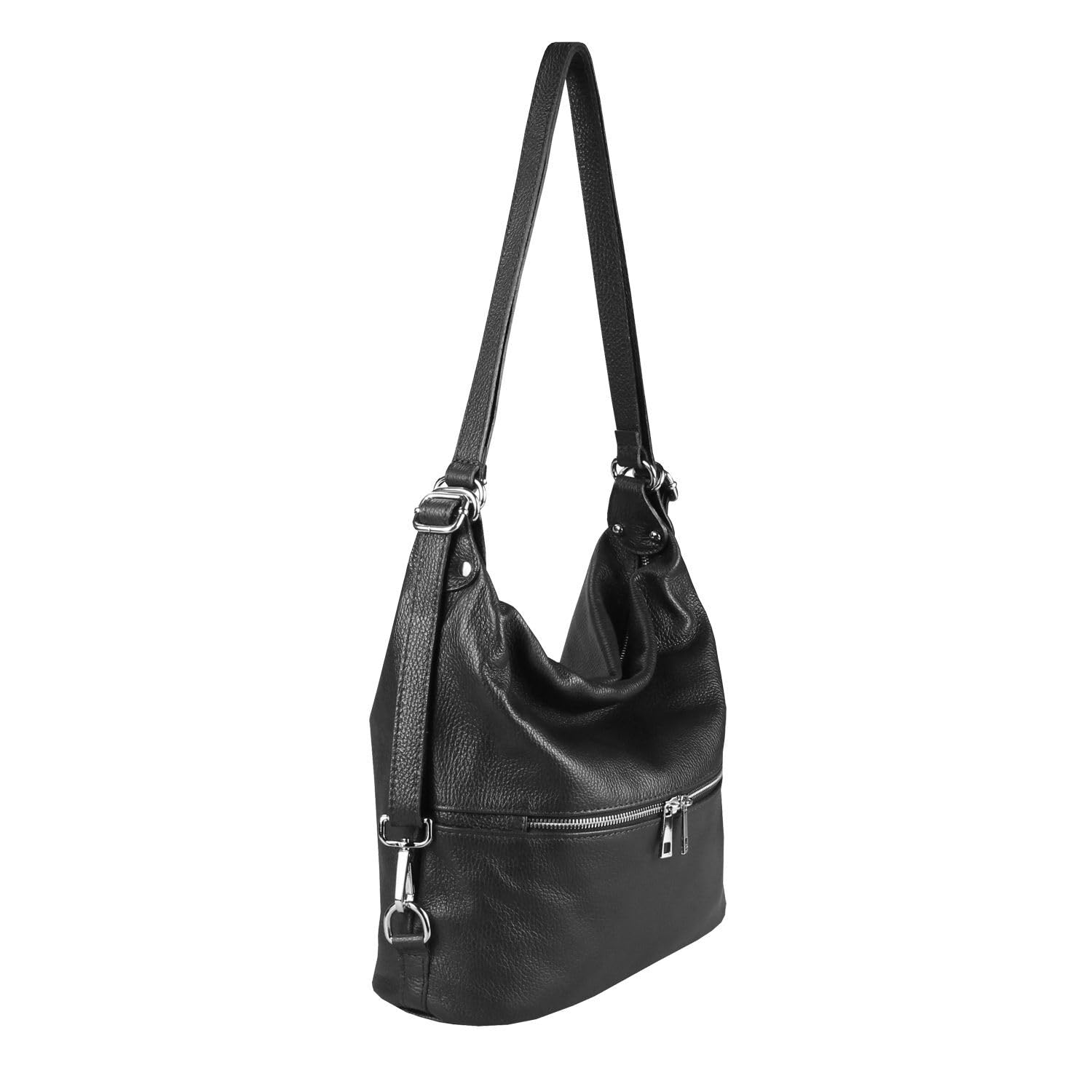 Made in Italy Damen echt Leder 2in1 Handtasche Rucksack Schultertasche CityRucksack Stadtrucksack Backpack Lederrucksack Daypack Ledertasche Schwarz