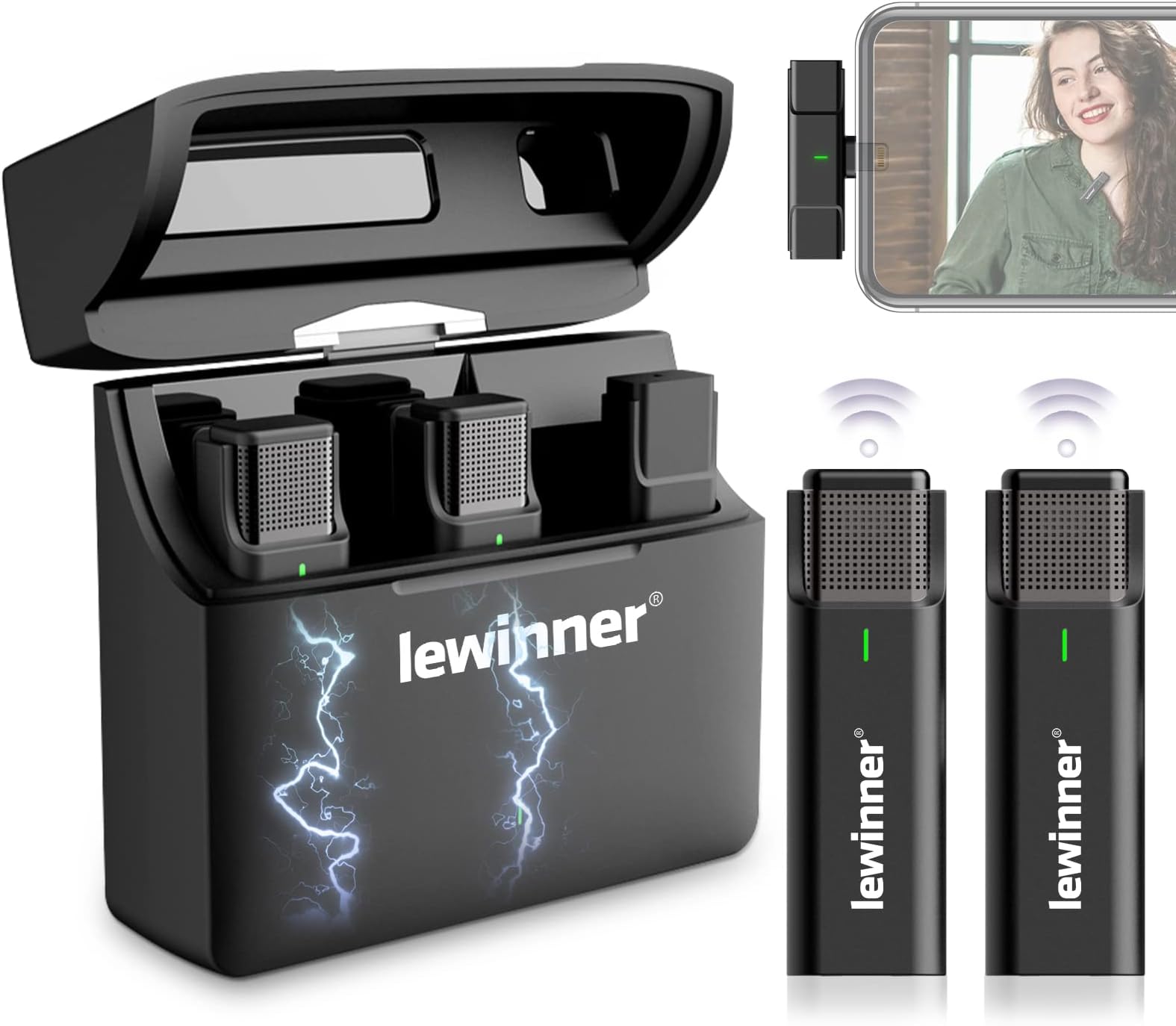 Lewinner 2 Pack Wireless Lavalier Microphones for iPhone iPad, 2.4GHz Plug & Play Lapel Clip-on Mic with Charging Case for Interview TikTok Live Stream YouTube Vlog Video Recording - Noise Reduction