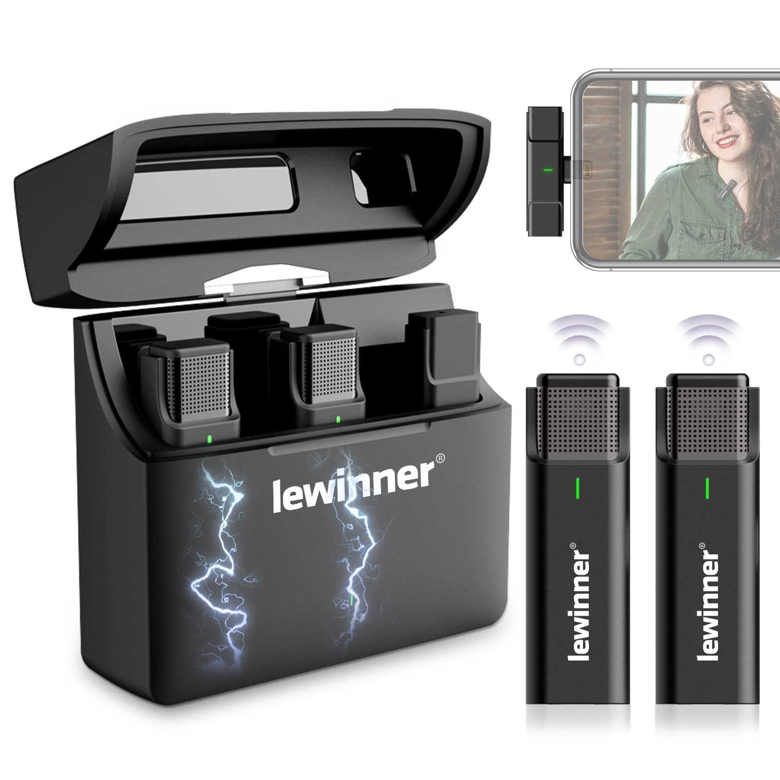 Lewinner 2 Pack Wireless Lavalier Microphones for iPhone iPad, 2.4GHz Plug & Play Lapel Clip-on Mic with Charging Case for Interview TikTok Live Stream YouTube Vlog Video Recording - Noise Reduction