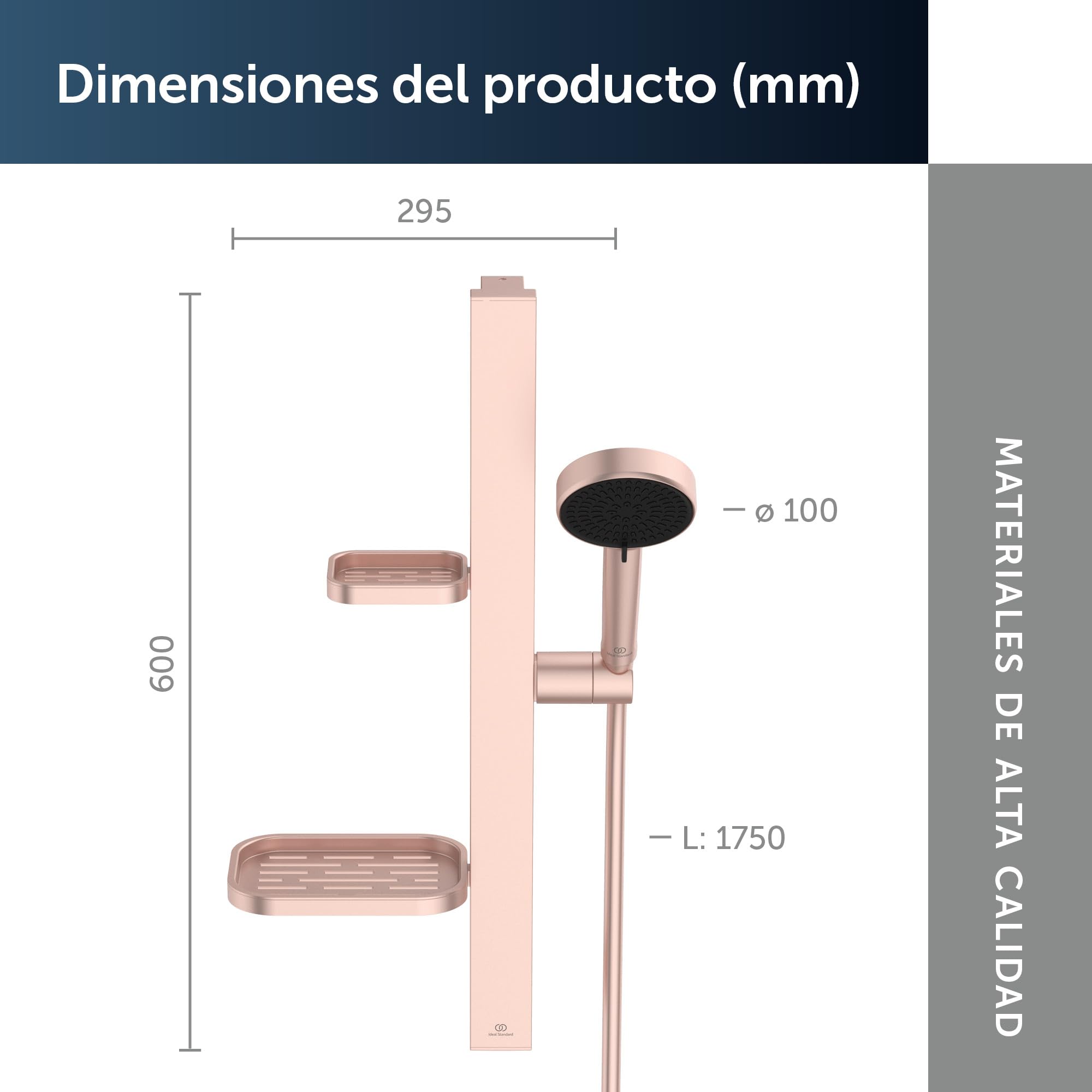 Ideal Standard Idealrain Alu+ Kit de ducha con barra, Cabezal de ducha con ahorro de agua, dos tipos de chorro (SilkRain y Rain) y bandejas ajustables – Rosa (349x157x600 mm)