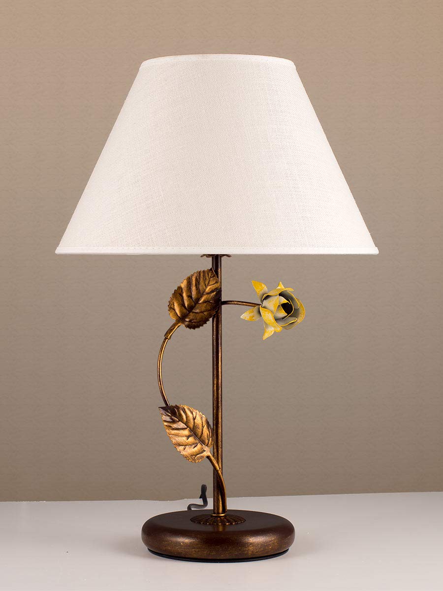 LED Tischleuchte Florentiner braun Stoffschirm Leinen Landhausstil Blumen | Helios Leuchten 4037510/1 Tischlampe antik-braun Stoffschirm handgefertigt Landhausstil Nachttisch Schreibtisch Wohnzimmer