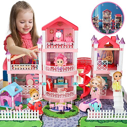 TOY Life Dollhouse, Doll House 4-5 Year Old with Lights, 7 Princess Doll Dream House Rooms, 32" x 20" x 17" Toddler Girls Doll House 2-3 Year Old with 4 Dolls & Furniture & Dollhouse Accessories