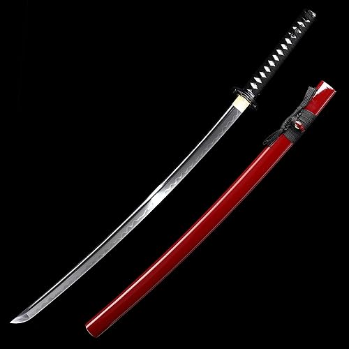 Miniatura 1 de TRUEKATANA Katana negra y roja, espada samurái japonesa T10 plegada arcilla de acero templado real Hamón