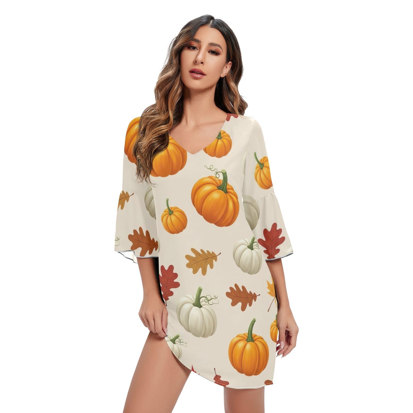 Robe de soirée d'exception col V et manches 3/4 imprimé chic beige orange - 2