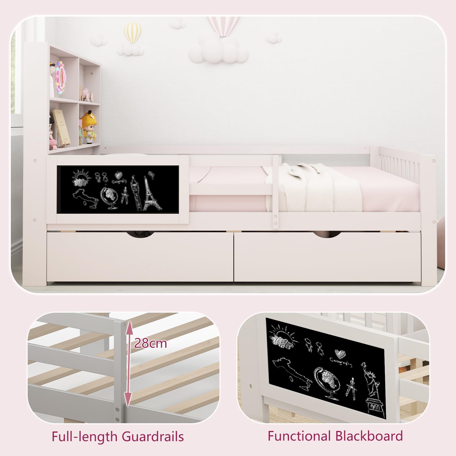 GIANTEX Kinderbett 140x200 cm mit Bücherregal & Tafel, Doppelbett mit Stauraum, Jugendbett mit 2 Schubladen, Plattformbett Bettgestell mit Rausfallschutz & Lattenrost, Holzbett für Kinder, Weiß