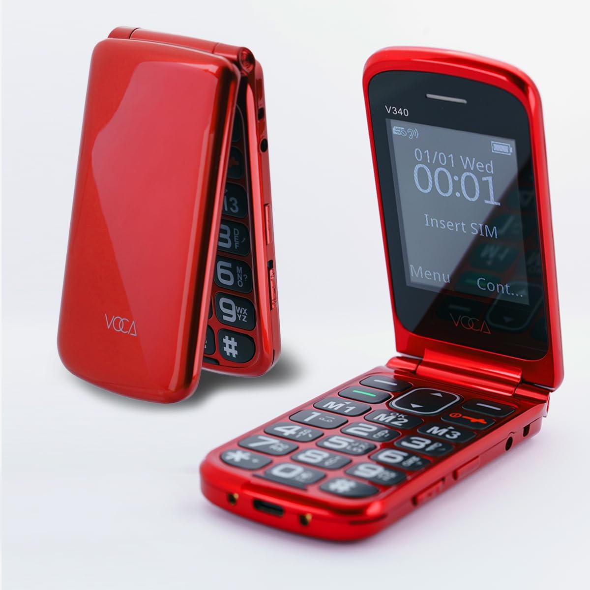 Telefono a conchiglia VOCA con tasti grandi per anziani | 4G LTE sbloccato | Volume alto | Tasto SOS | Chiamata rapida | Testo predittivo | Base di ricarica | V340 (Rosso)