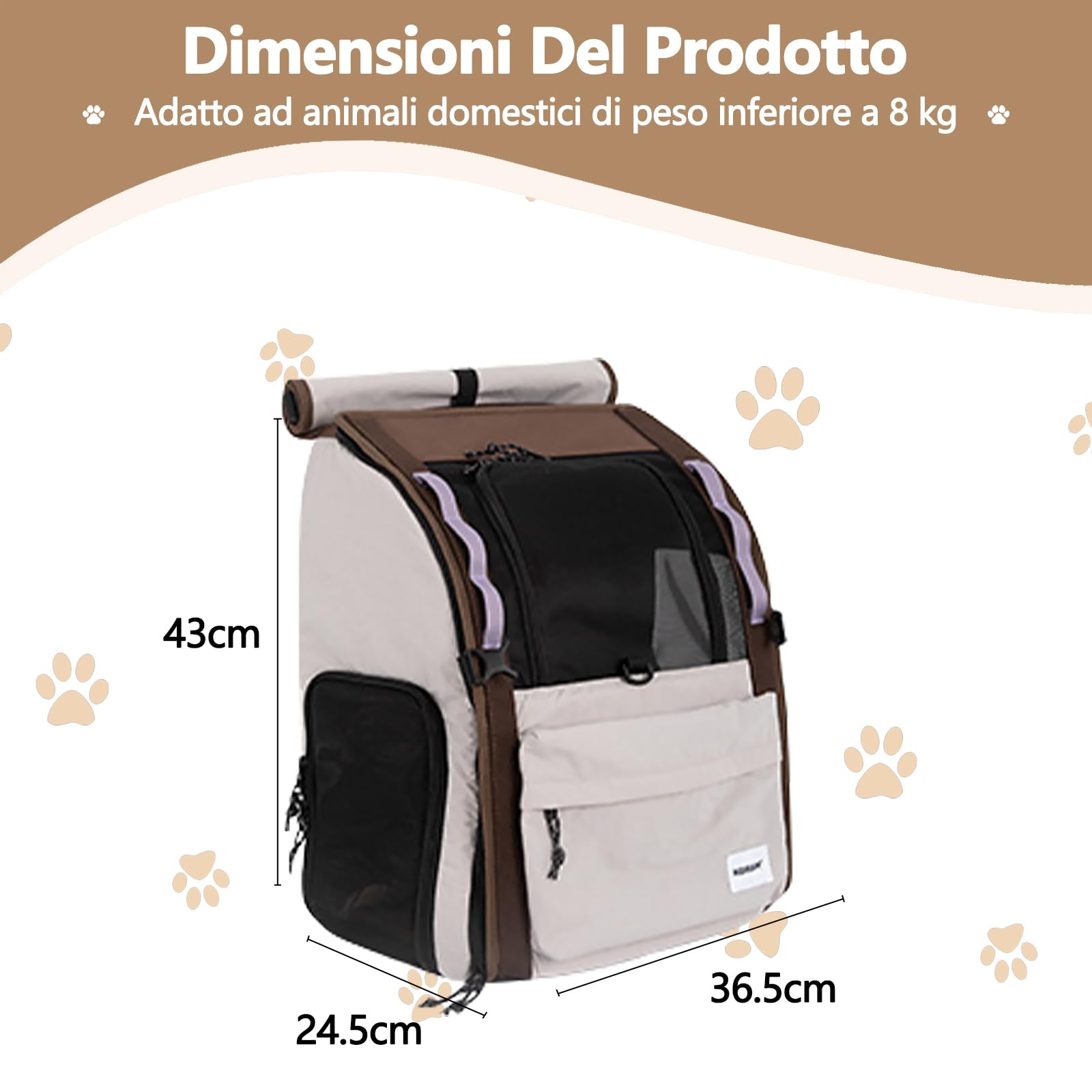 Galatée Zaino Per Animali Domestici, Realizzato In Nylon Traspirante, Con Design Stabile, Grande Capacità e Tendina Arrotolabile(Borsa Grigia)