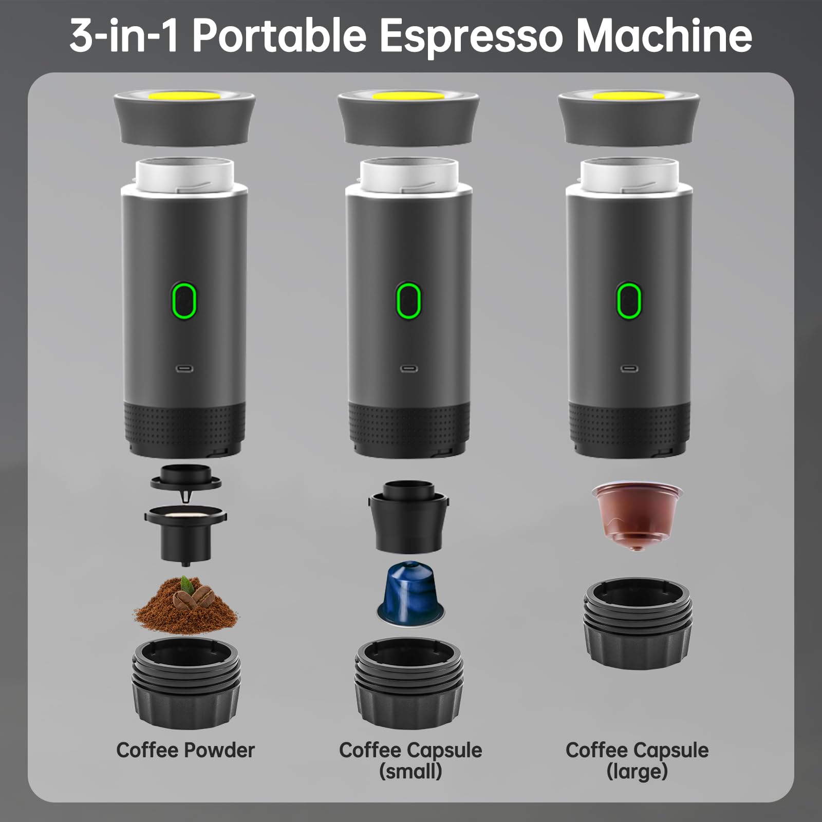 Macchina da caffè portatile per auto, macchina da caffè da viaggio con riscaldamento elettrico USB-C, compatibile con capsule NS e caffè macinato,80ml mini caffettiera per campeggio