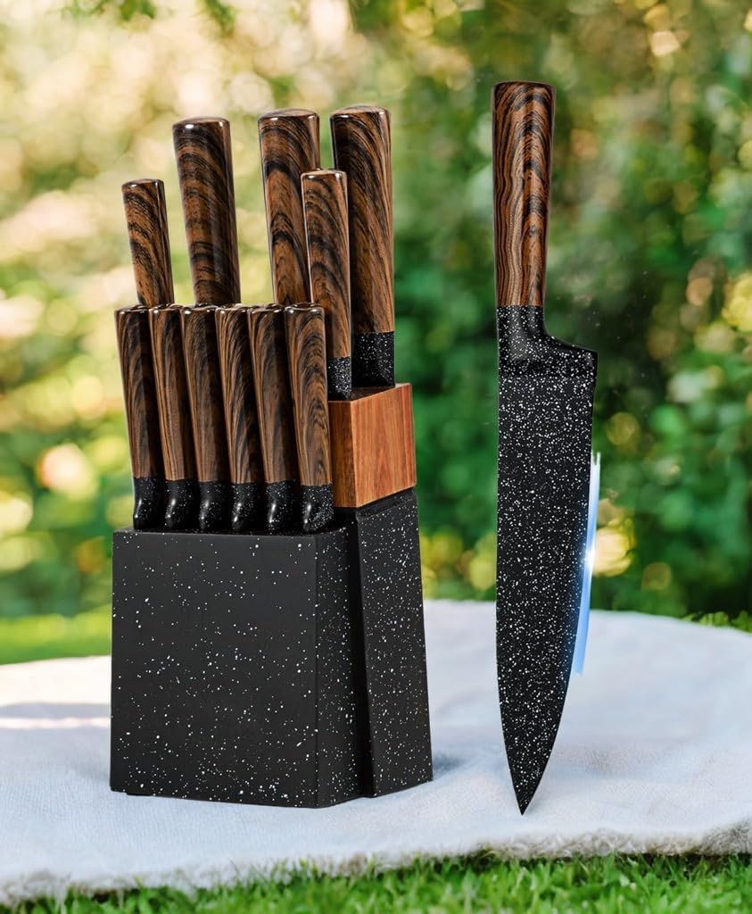 Set Cuchillos Cocina 12 Piezas Acero Inoxidable Base Madera