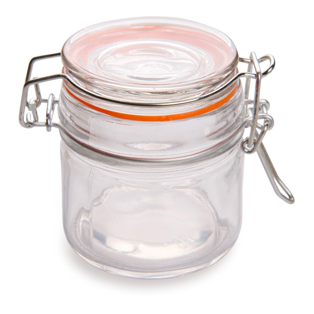 Restaurantware Tarro Mason con tapa de abrazadera ancha, tarros Mason con tapa de gatillo, almacena líquidos o productos secos, sirve postres, bebidas o aperitivos, 3.4 onzas, caja de 10 unidades
